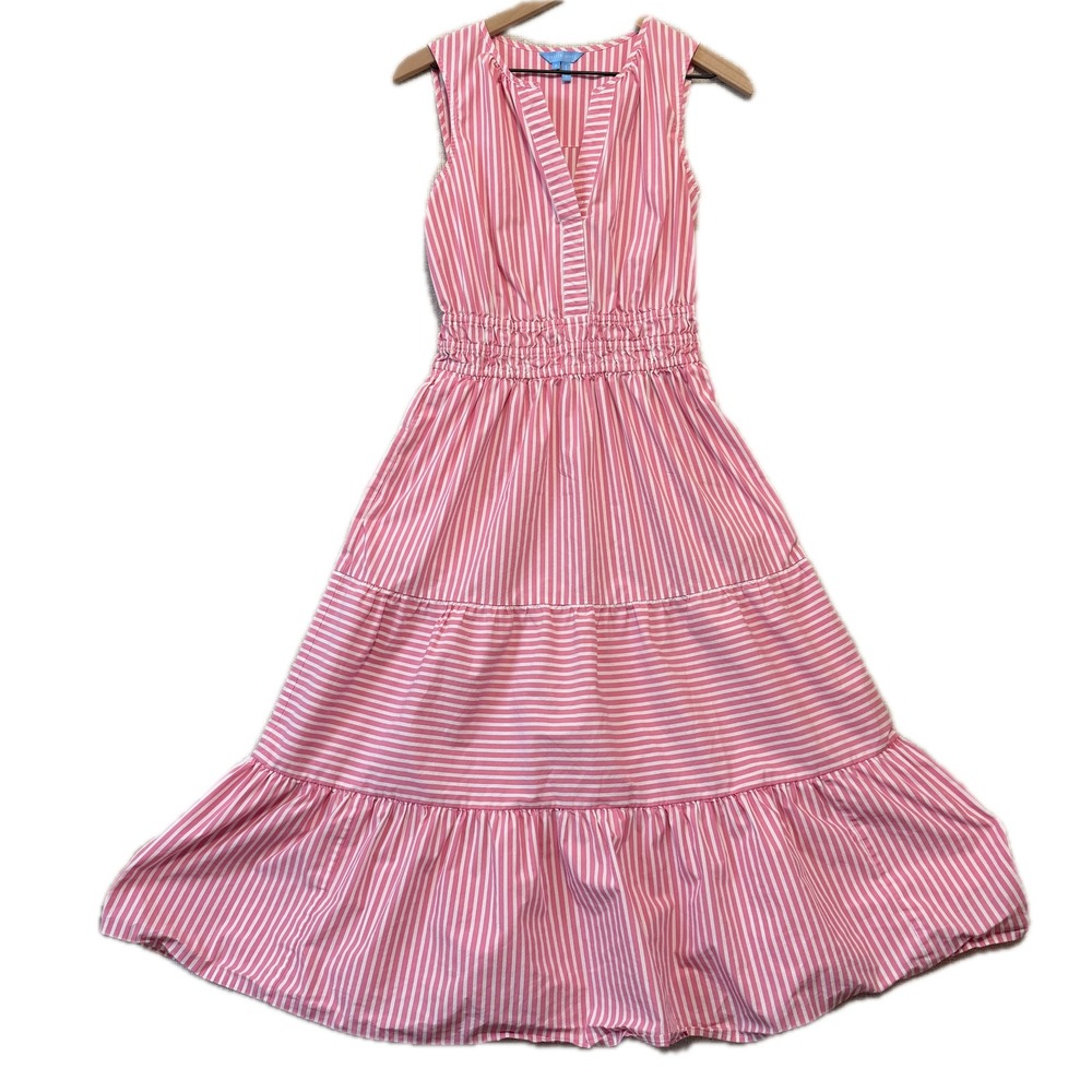 DRAPER JAMES Tiered Midi Dress Women's S Pink White Stripe Smocked Waist Cotton